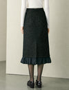 Black Tweed Wool-Blend Ruffle Hem Midi Skirt