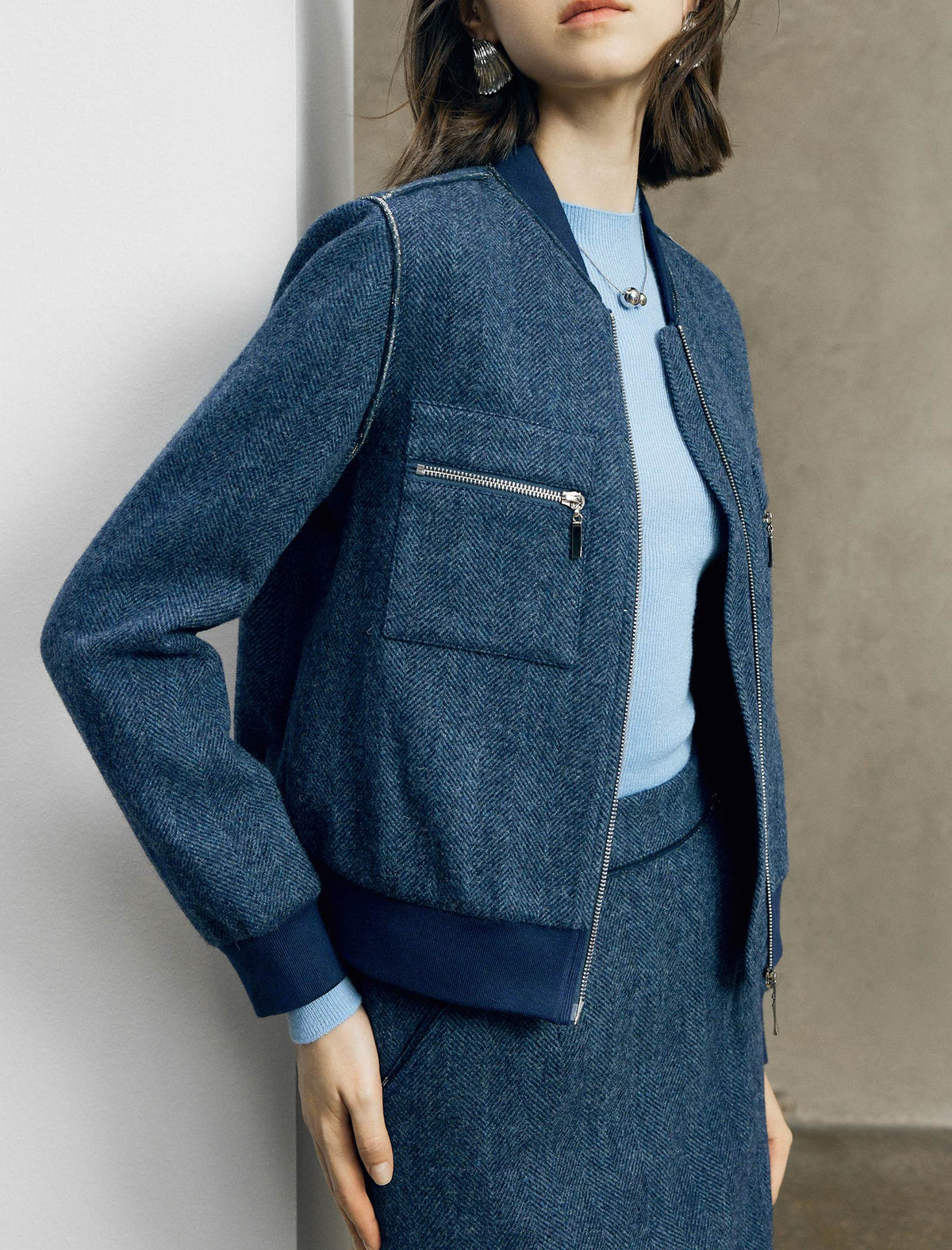 Wool Herringbone Bomber Jacket