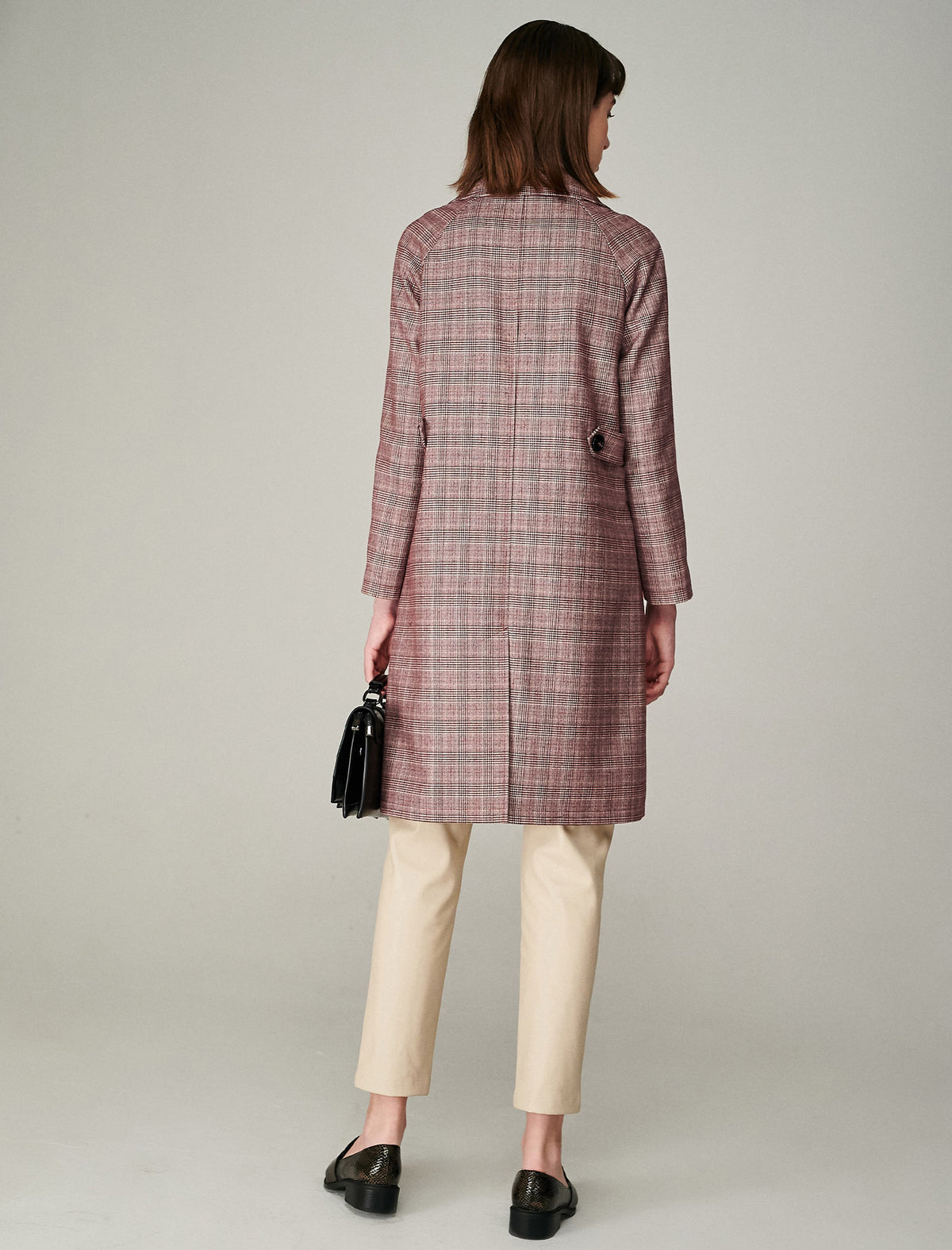 Plaid Collared Raglan-Sleeve Double-Breasted Trench Coat
