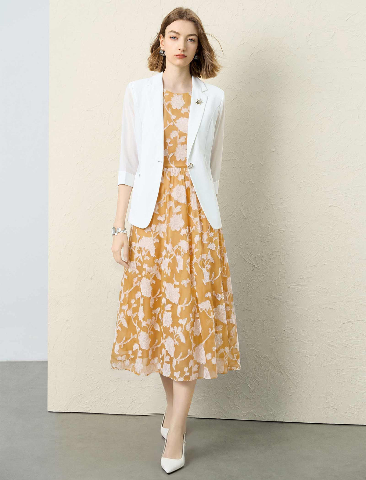 Mustard Burnout Floral Sleeveless Midi Dress