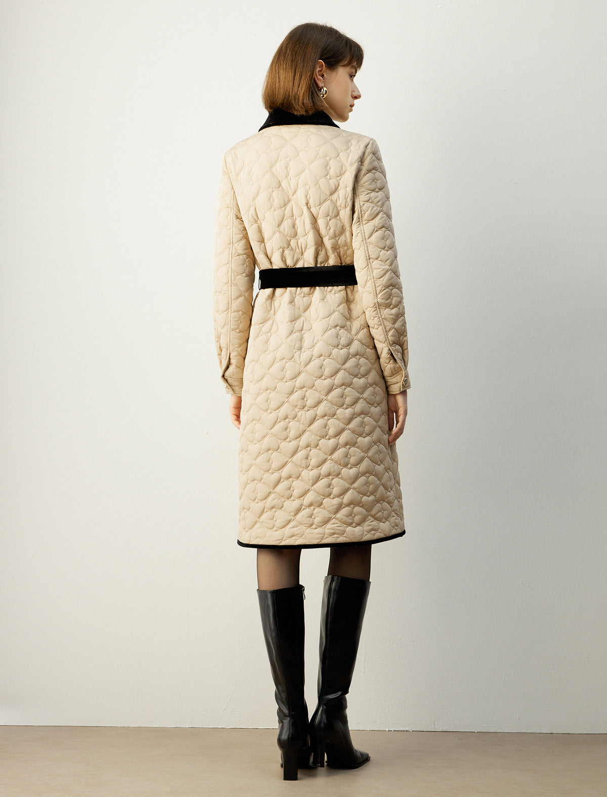 Velvet-Trim Collared Button-Front Belted Quilted Coat