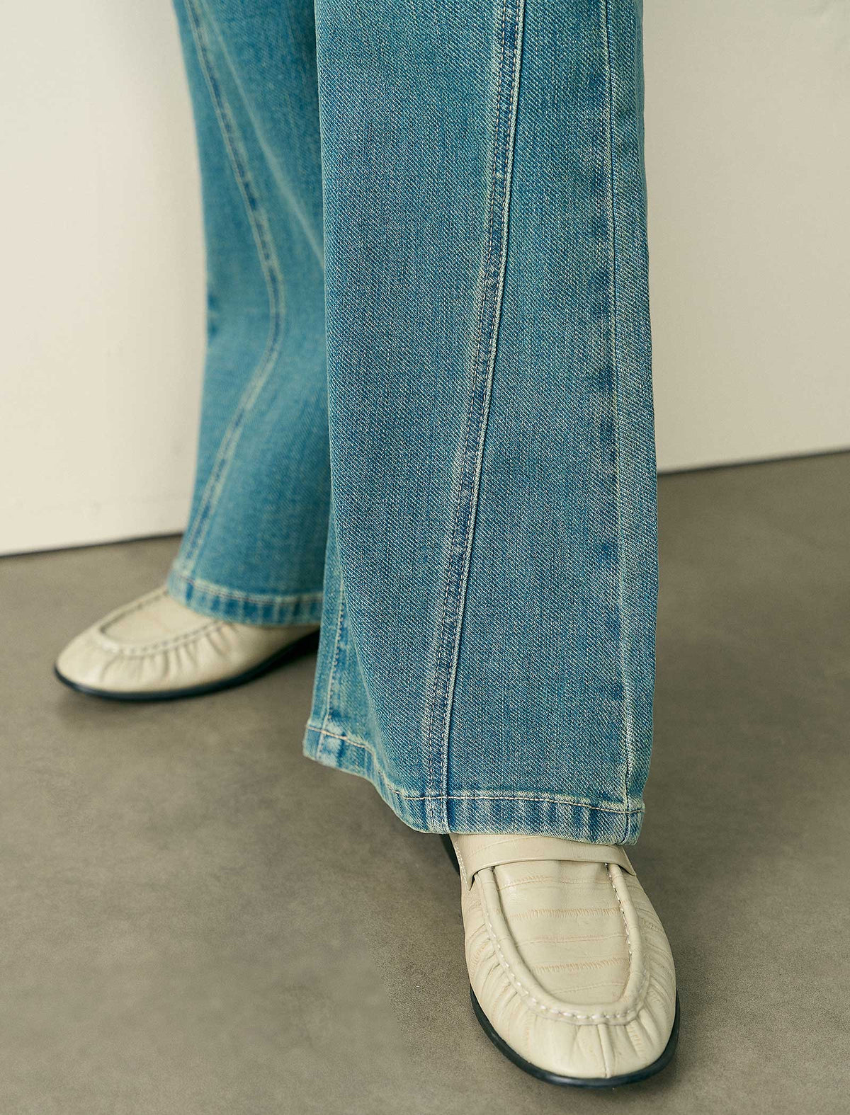 Mid Blue High Waist Side Seam Detail Flare Jeans