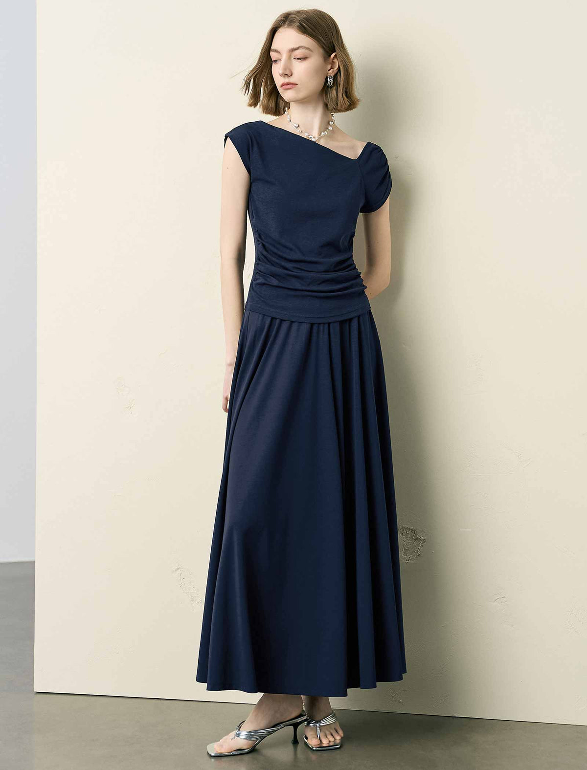 Navy Blue Asymmetric Neck Ruched Knit Top