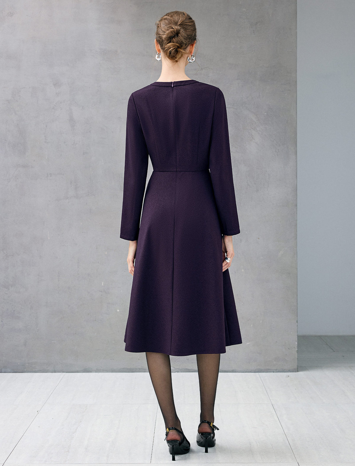 Diagonal-Button Crewneck Long Sleeve A-Line Midi Dress