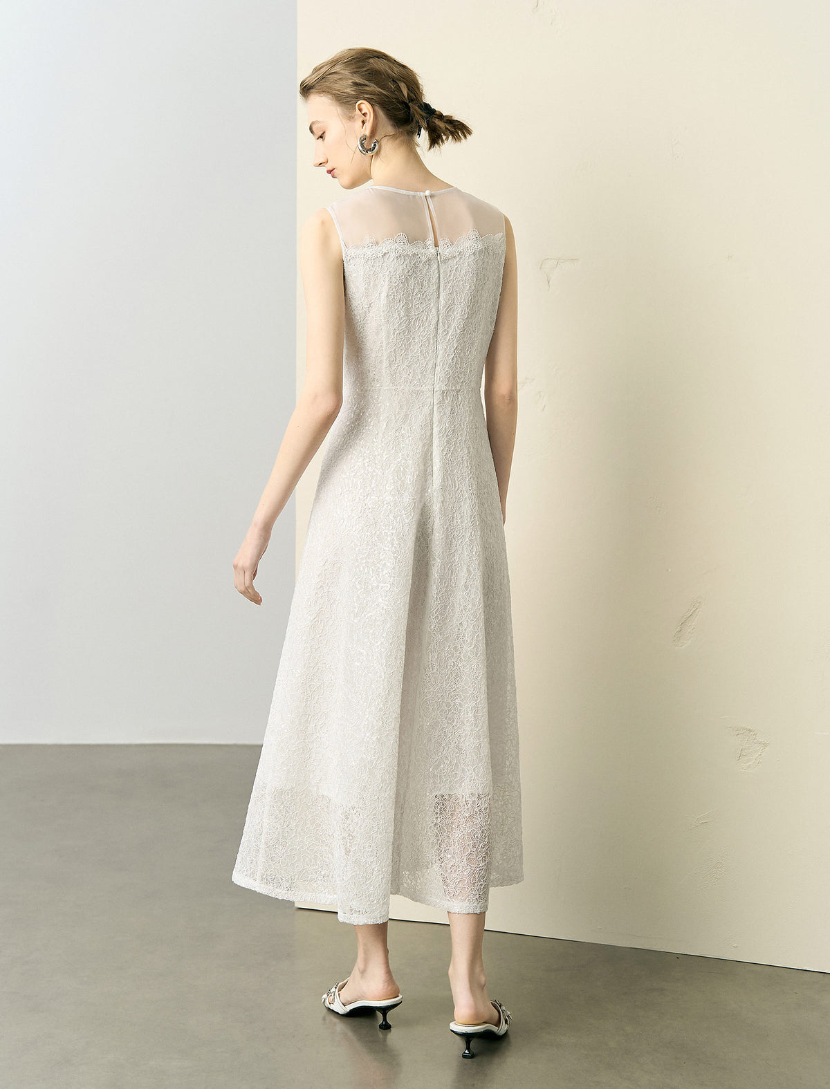 Sheer Neckline Lace Midi Dress