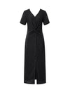 Shiny Black V-Neck Twist Detail Midi Dress