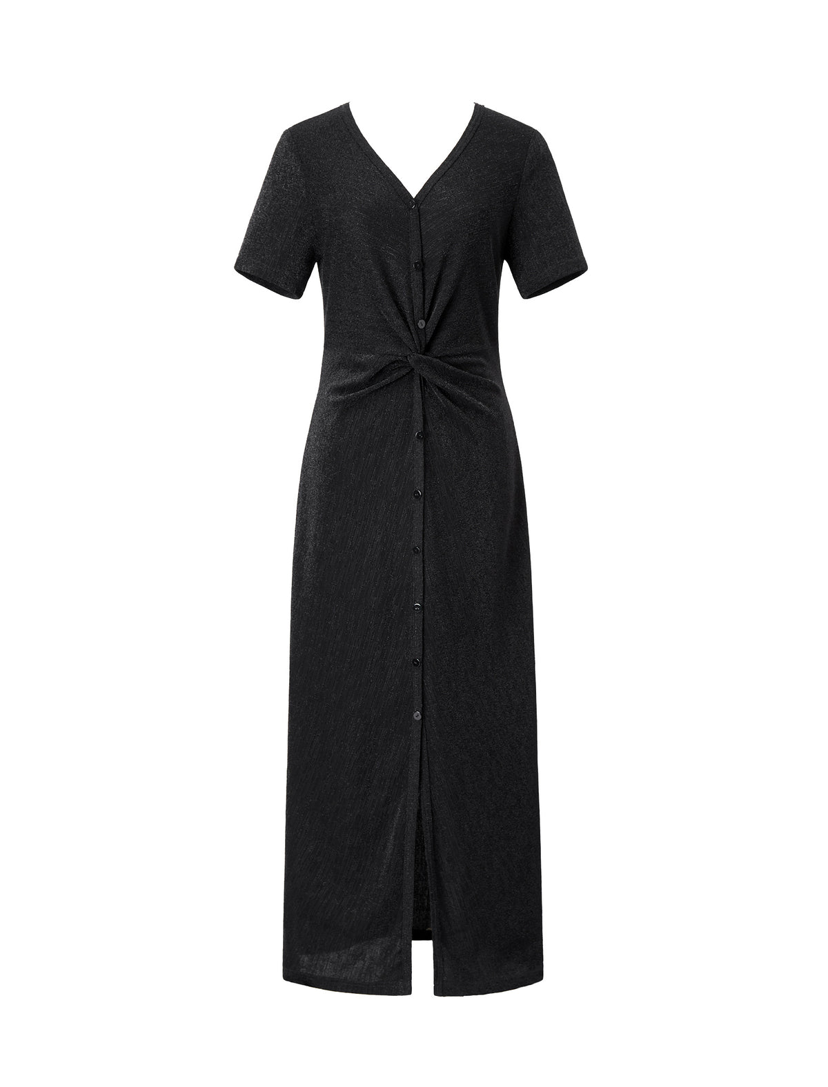 Shiny Black V-Neck Twist Detail Midi Dress