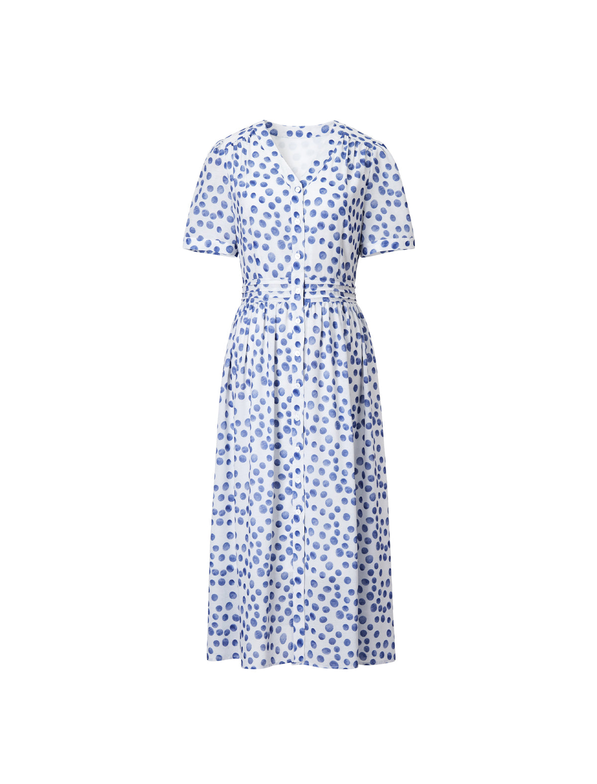 Blue Polka-Dot Short Sleeve Gathered-Waist Dress
