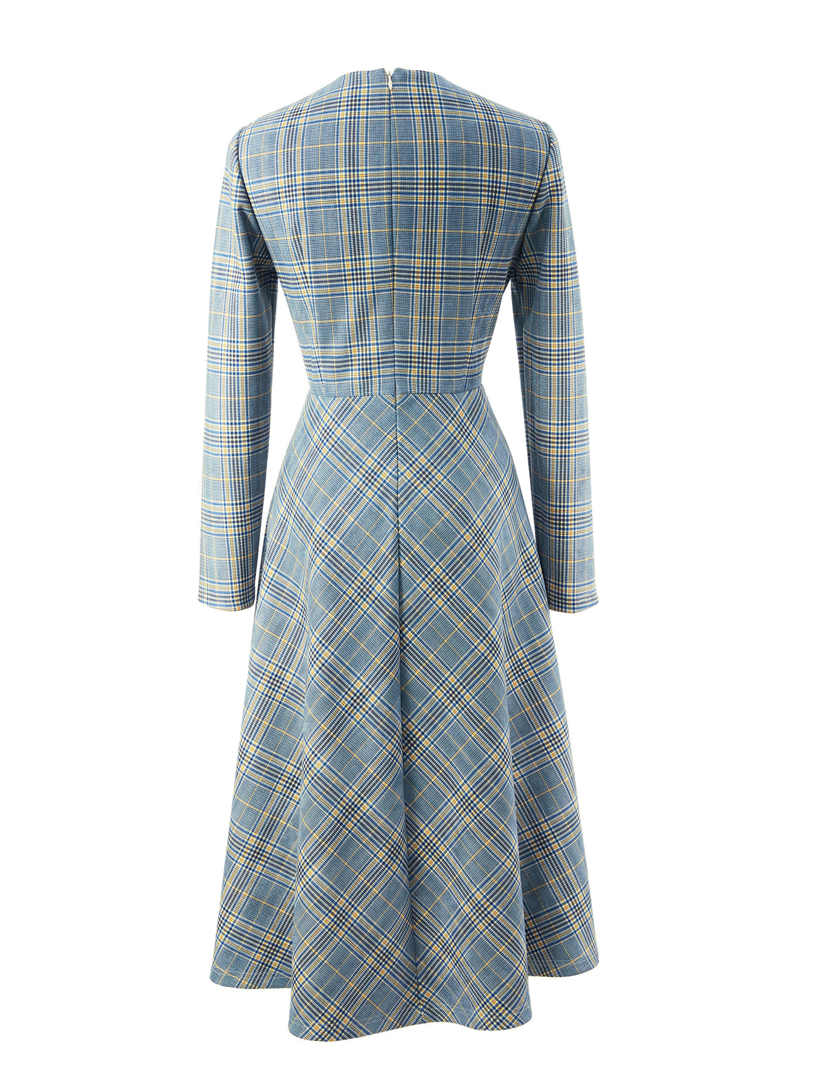 Blue Plaid Long Sleeve Midi Dress
