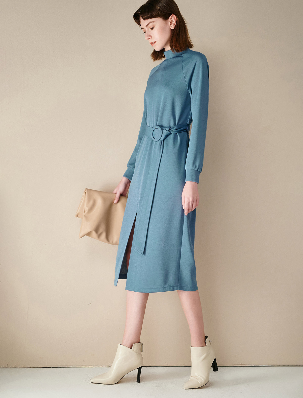 Knit Turtleneck Long Sleeve Belted Dress