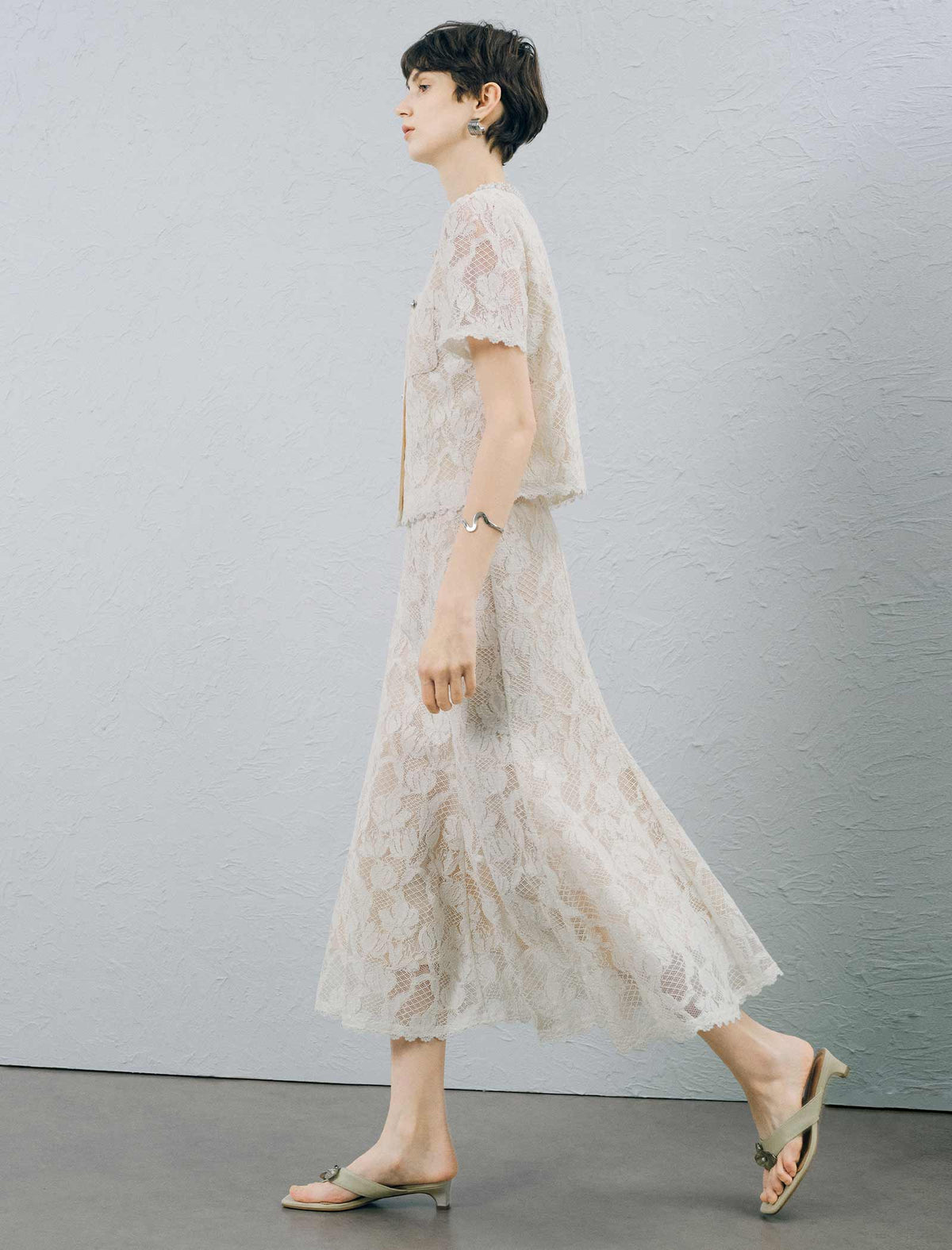 Ivory Floral Lace Midi A-Line Skirt
