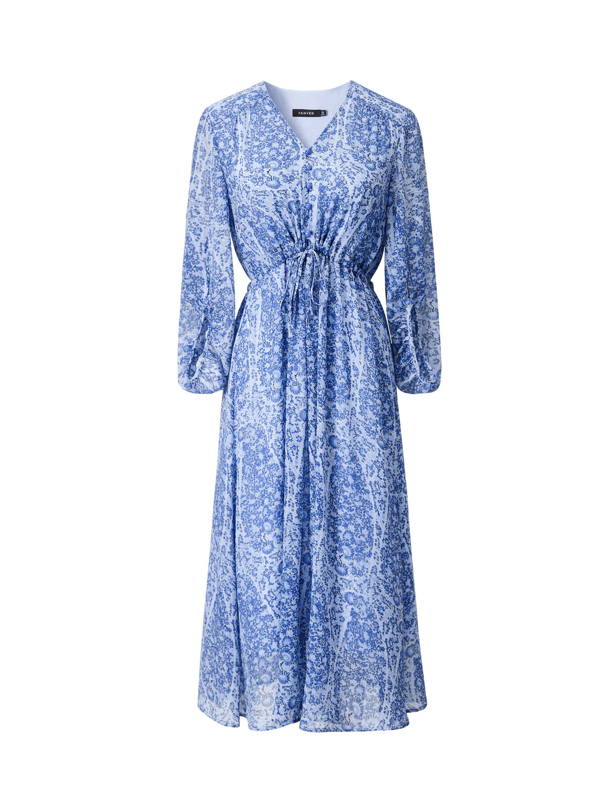 V‑Neck Drawstring Floral Chiffon Midi Dress
