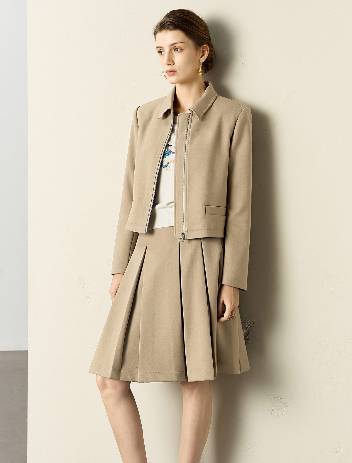 Camel Pleated A-Line Skirt