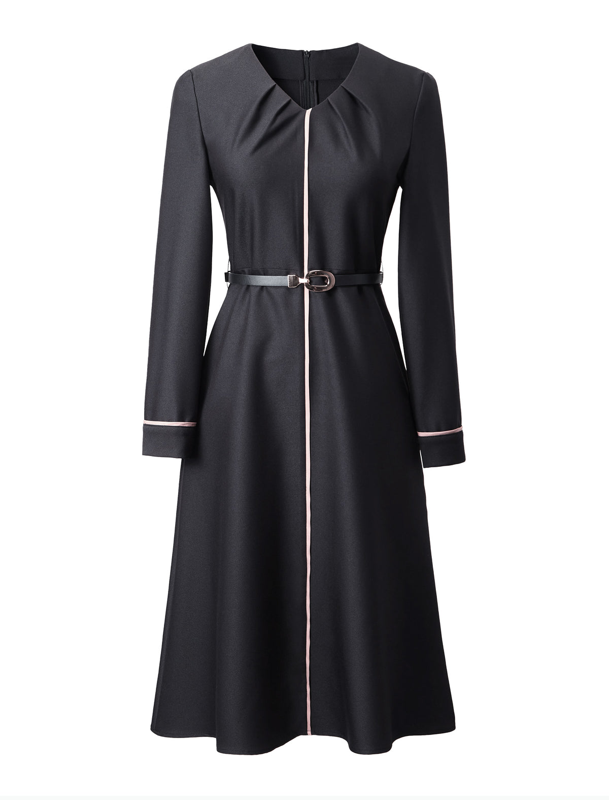 V-Neck Long Sleeve Belted Streamlined Midi Dress