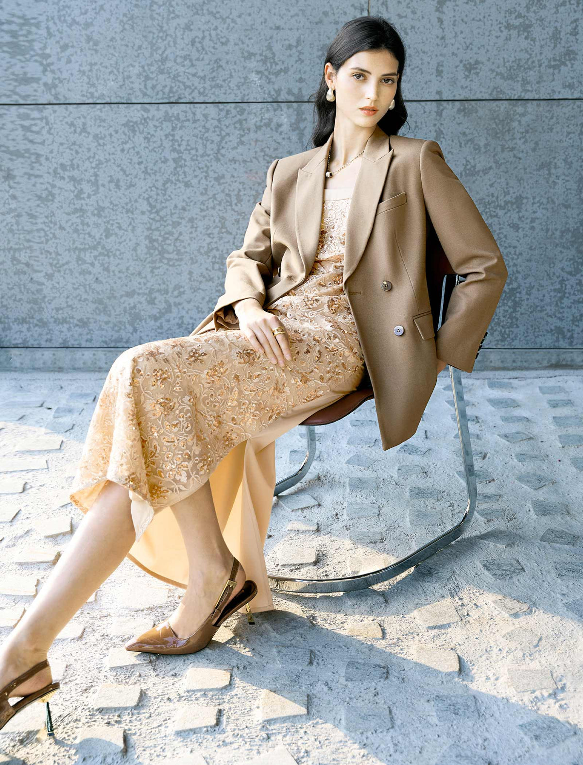 Taupe Double-Breasted Blazer