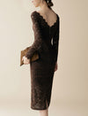 Brown Lace Long Sleeve Midi Dress