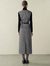 Gray Herringbone Wool-Blend Tweed Midi Skirt