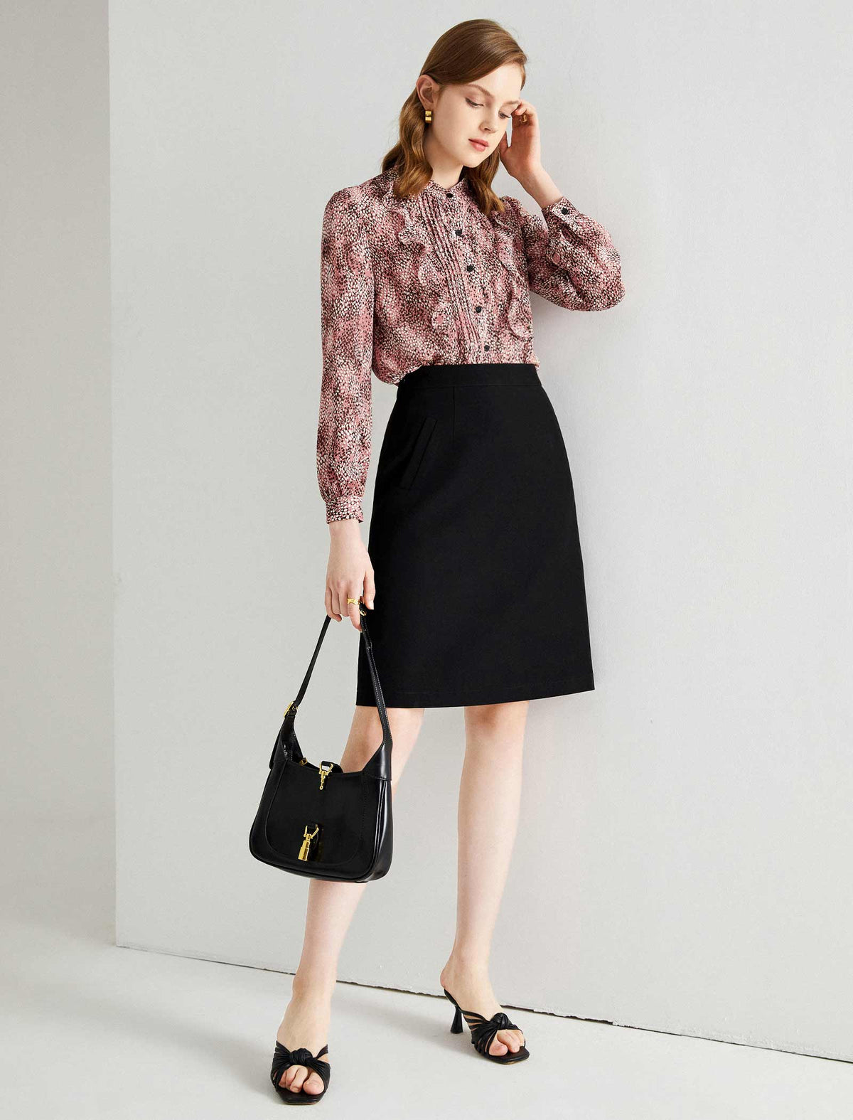 Print Ruffled Pleat Detail Blouse