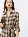 Brown Plaid Belted Shirt Midi Dress