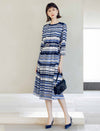 Blue Geometric Stripe 3/4 Sleeve Midi Dress