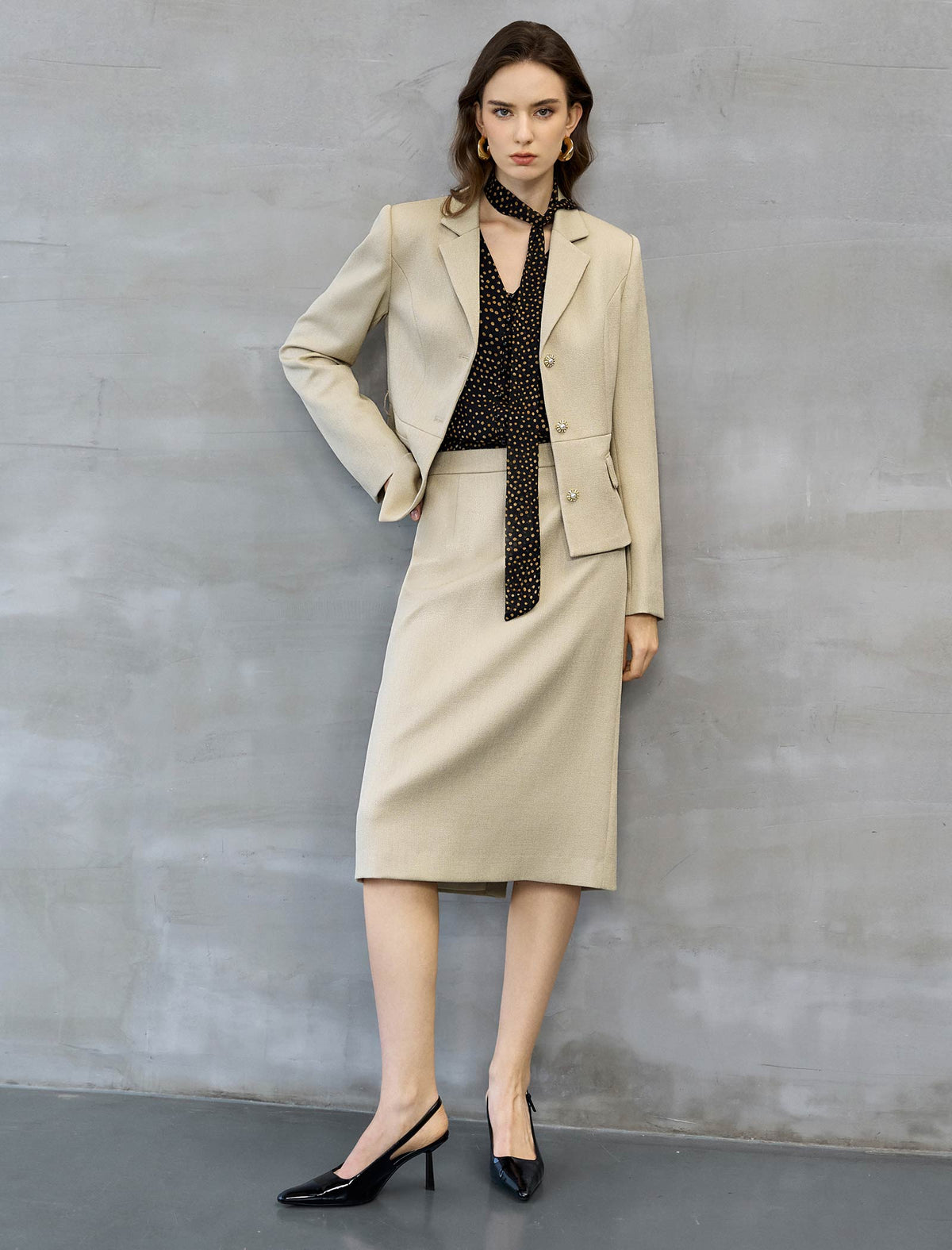 Champagne Textured Midi Pencil Skirt