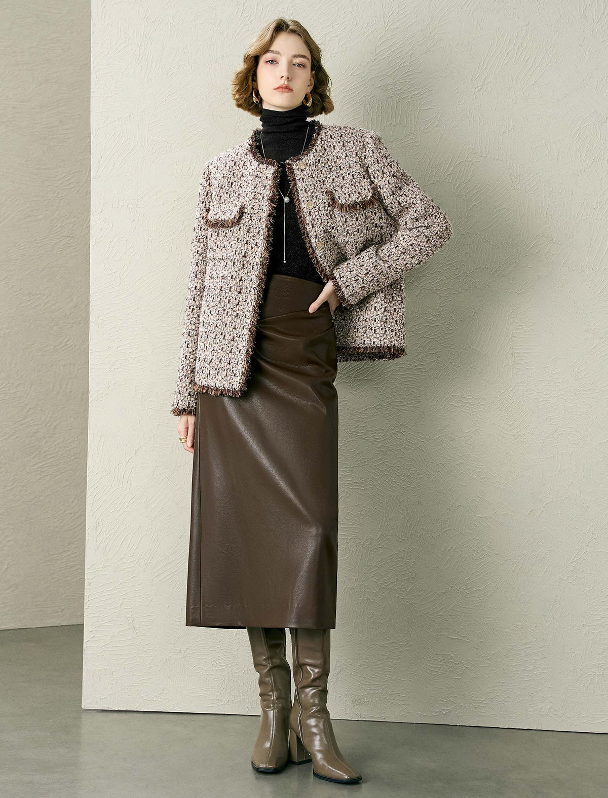 Brown Faux Leather Midi Skirt
