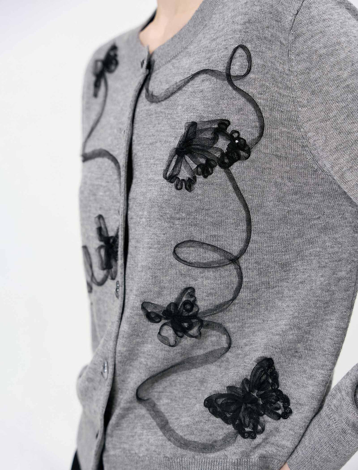 Gray Embroidered Loose Knit Cardigan