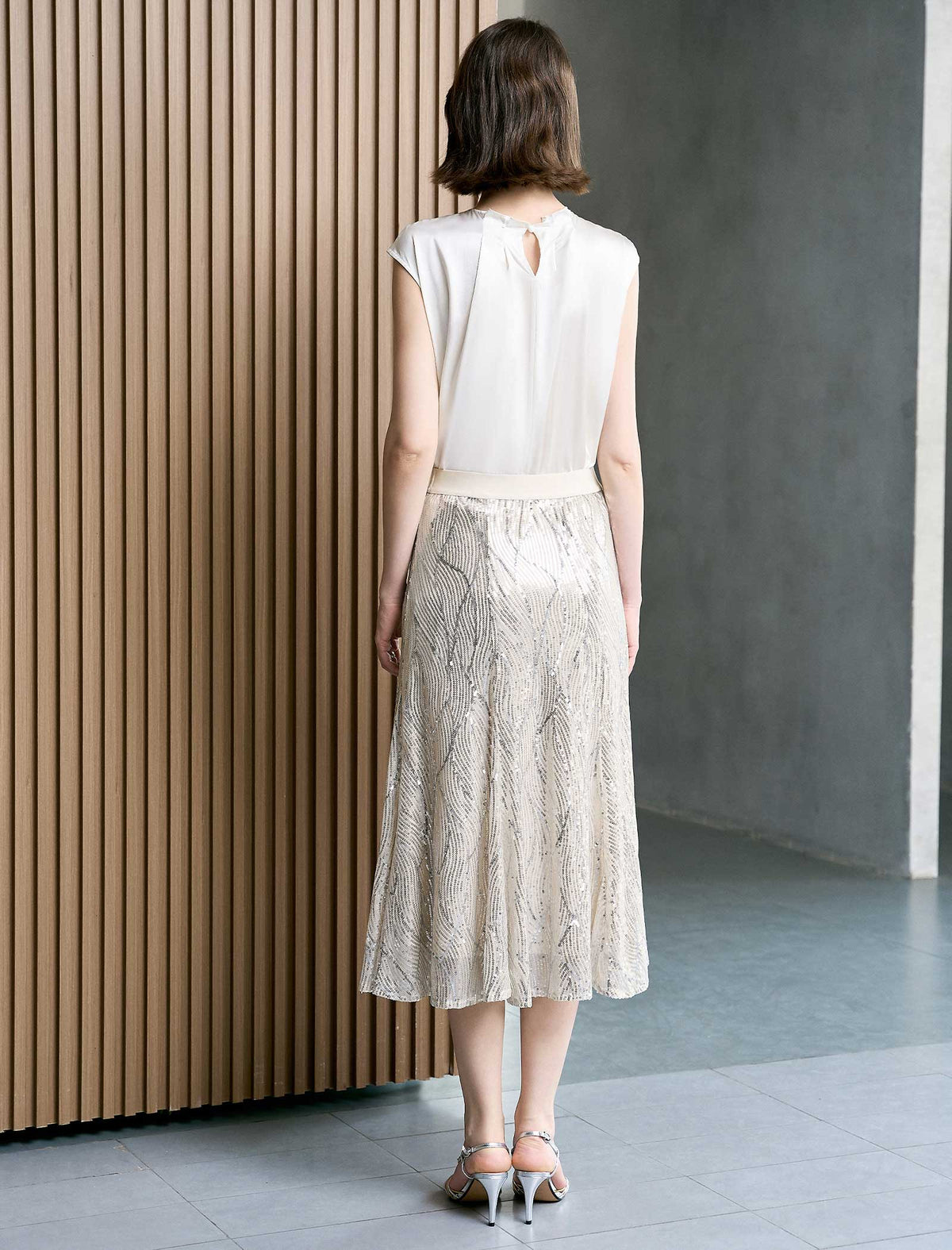 Champagne Wavy Sequin Midi Flare Skirt