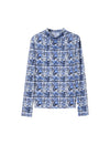 Vintage Print Mesh High Neck Long Sleeve Top