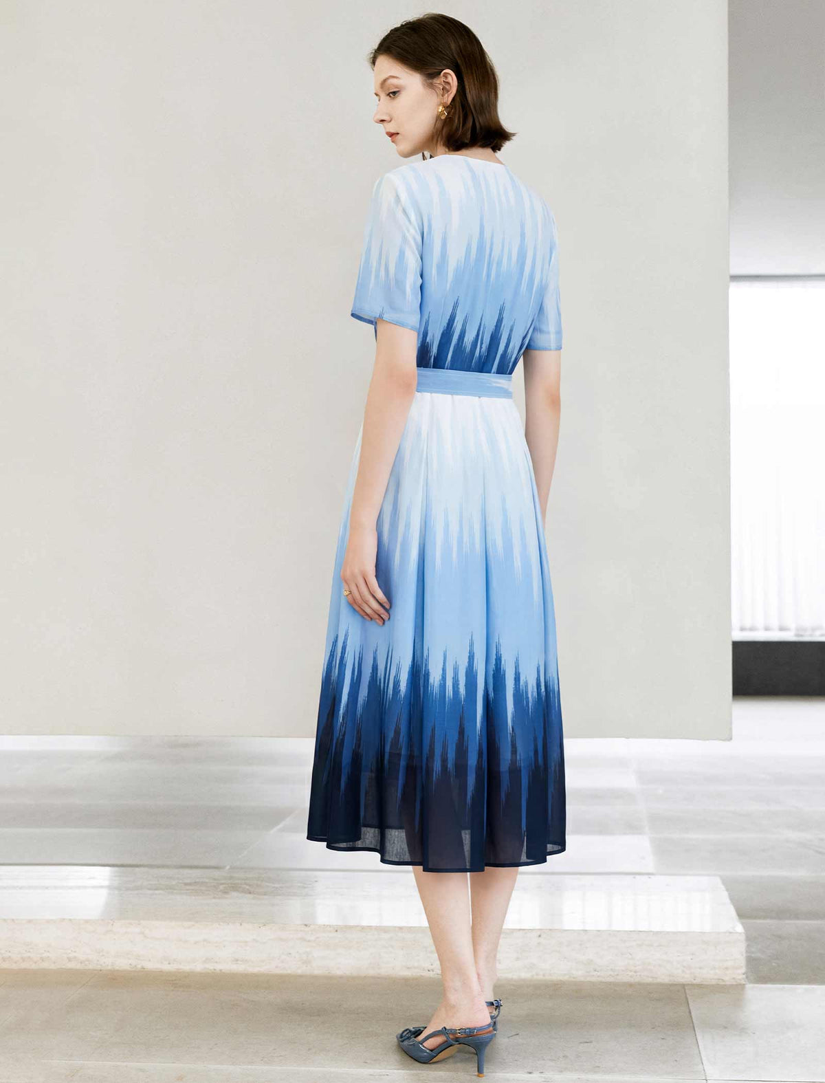 Blue Gradient Print Belted Midi Dress