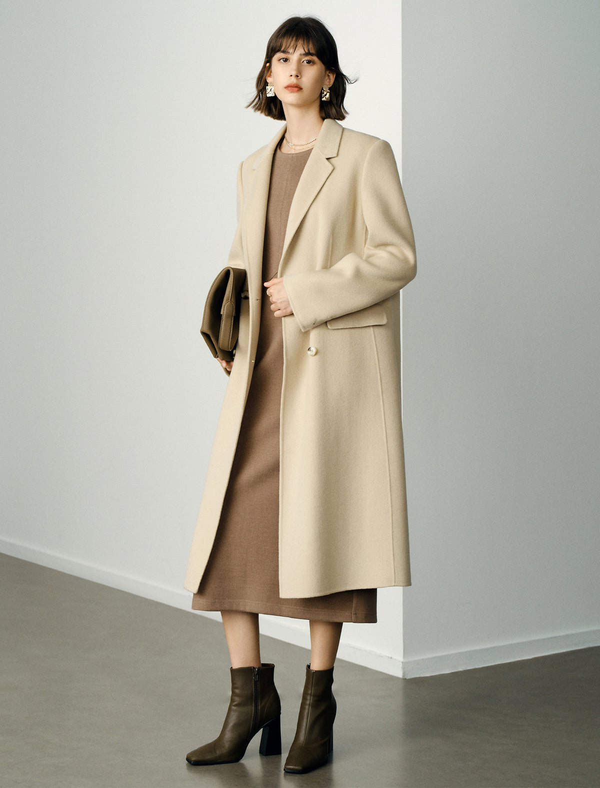 Wool Blend Camel Structured Seamed Midi Dress