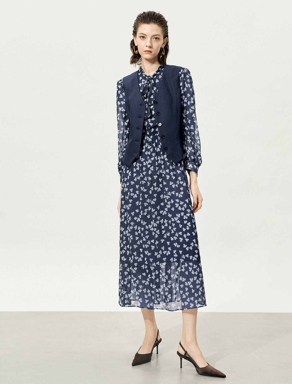 Sheer Tie-Neck Floral Midi Dress
