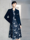 Navy Floral Pearl Trim Round Neck Sleeveless Dress