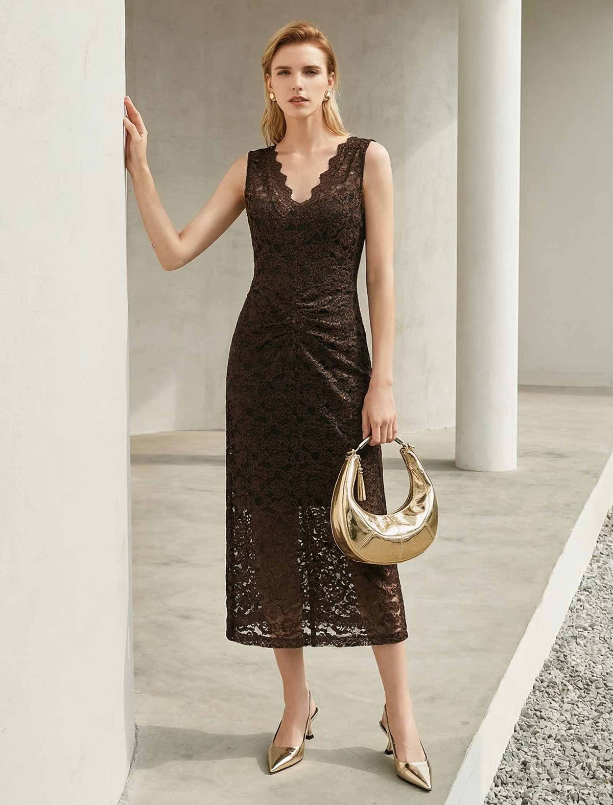 Brown Lace Sleeveless Midi Dress