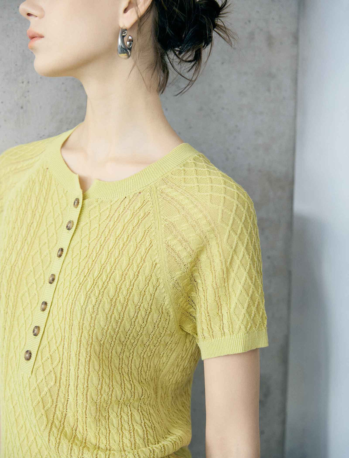 Pale Yellow Half Button Hollow Out Knit Short Sleeve Top