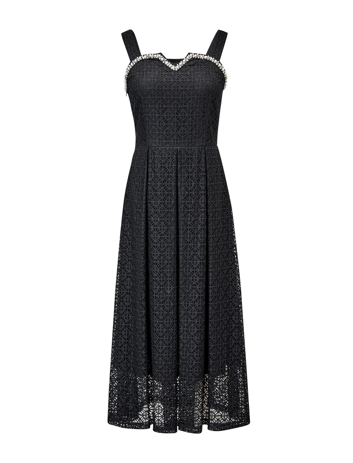 Embellished Trim Black Lace Midi Dress