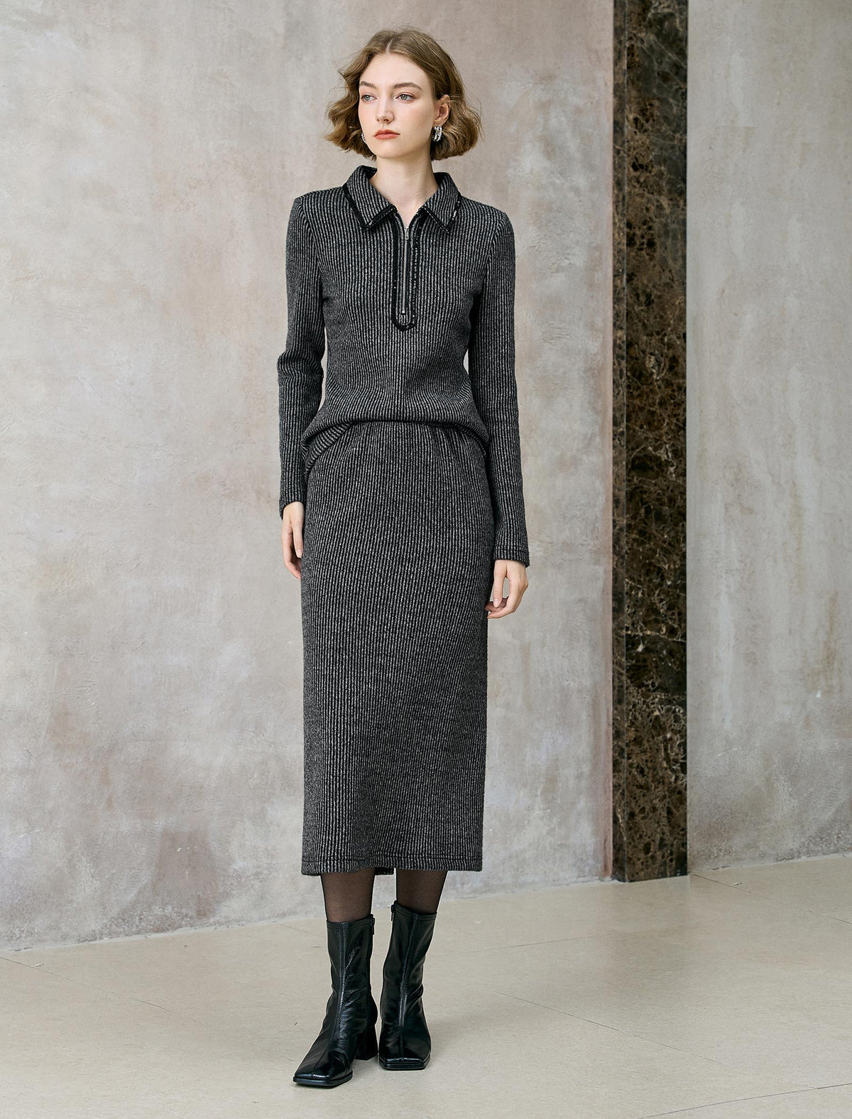 Striped Zip-Up Polo Knit Top