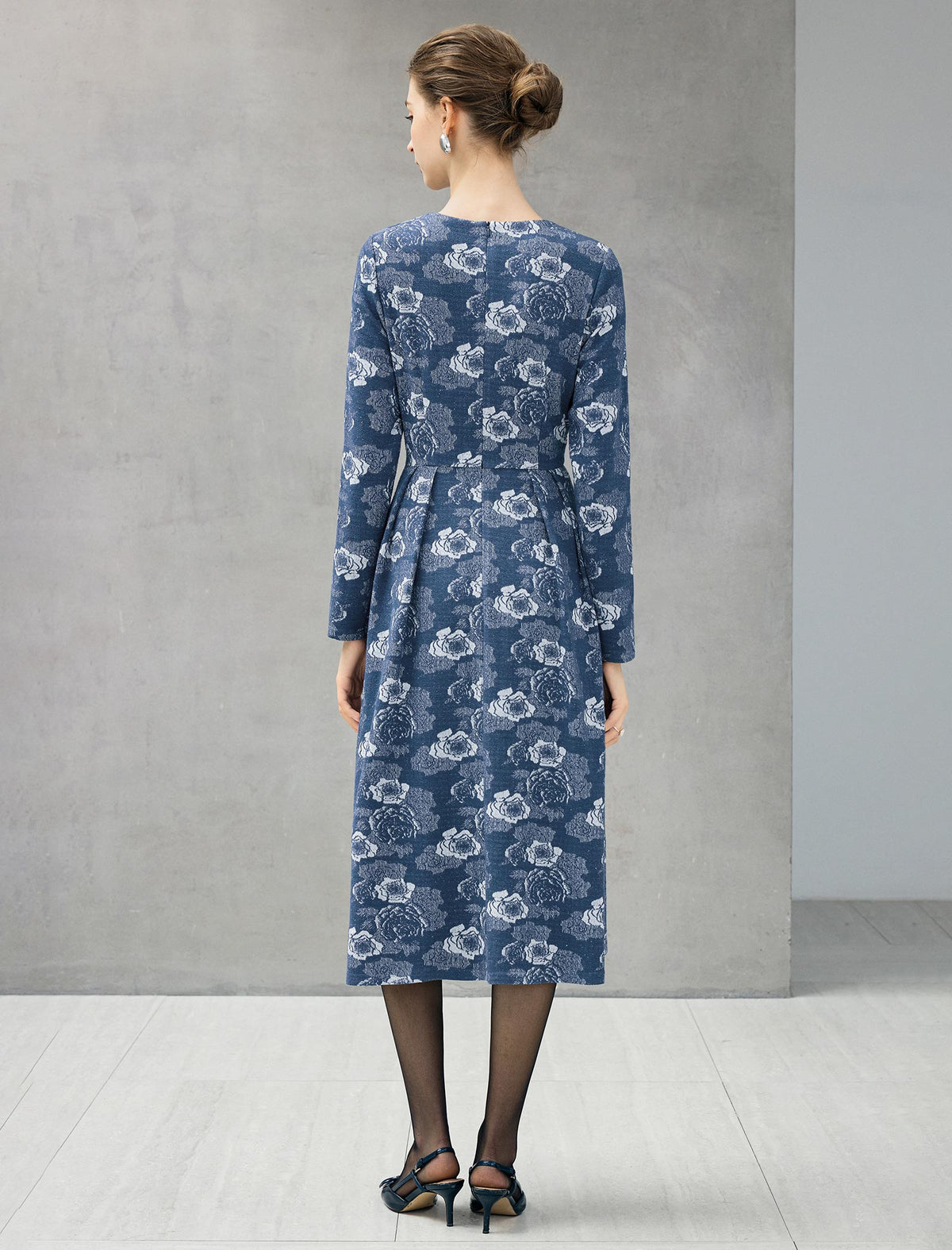 Floral Print Ruched-Waist Long Sleeve A-Line Midi Dress
