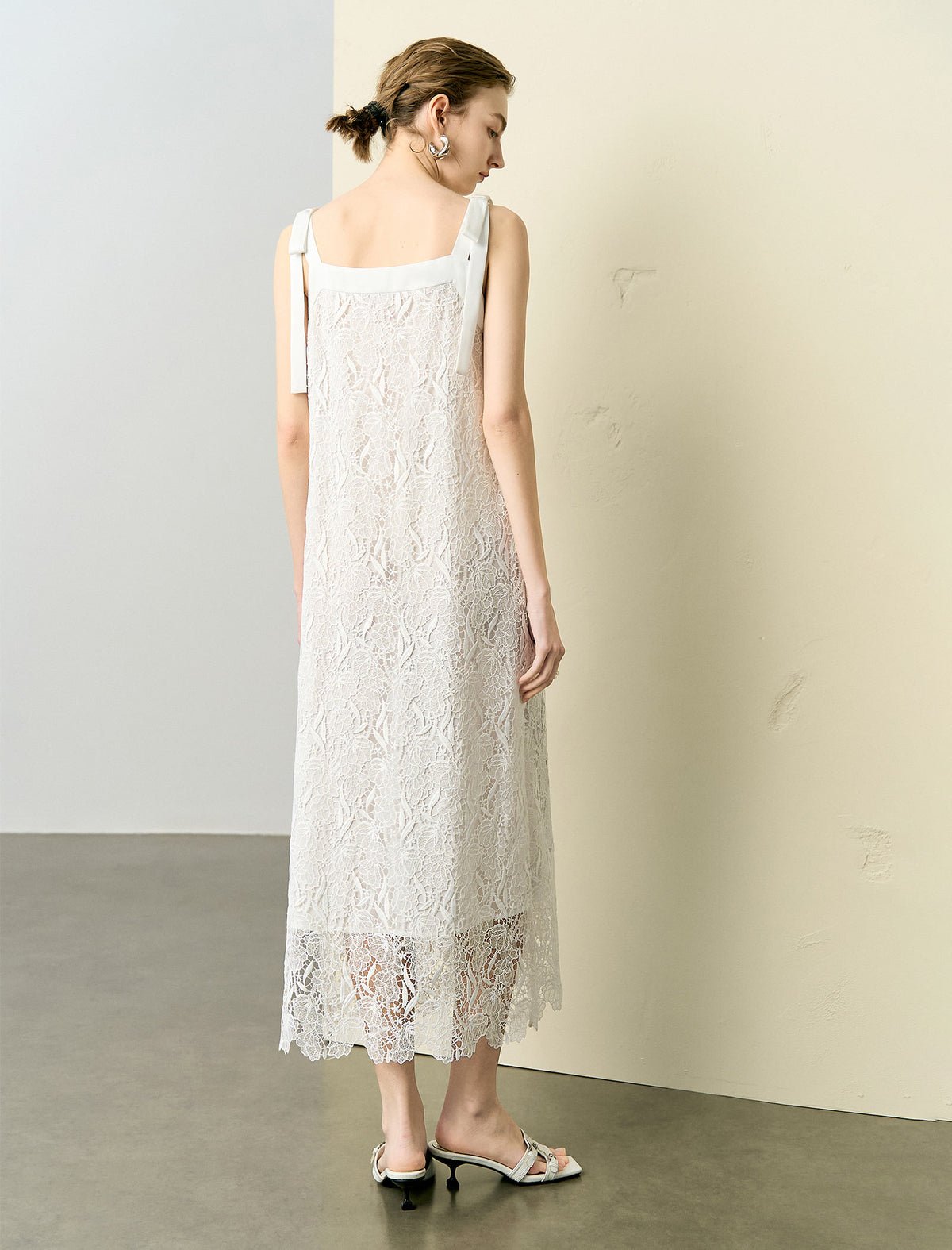 Lace Square Neck Bow Strap Slip Dress
