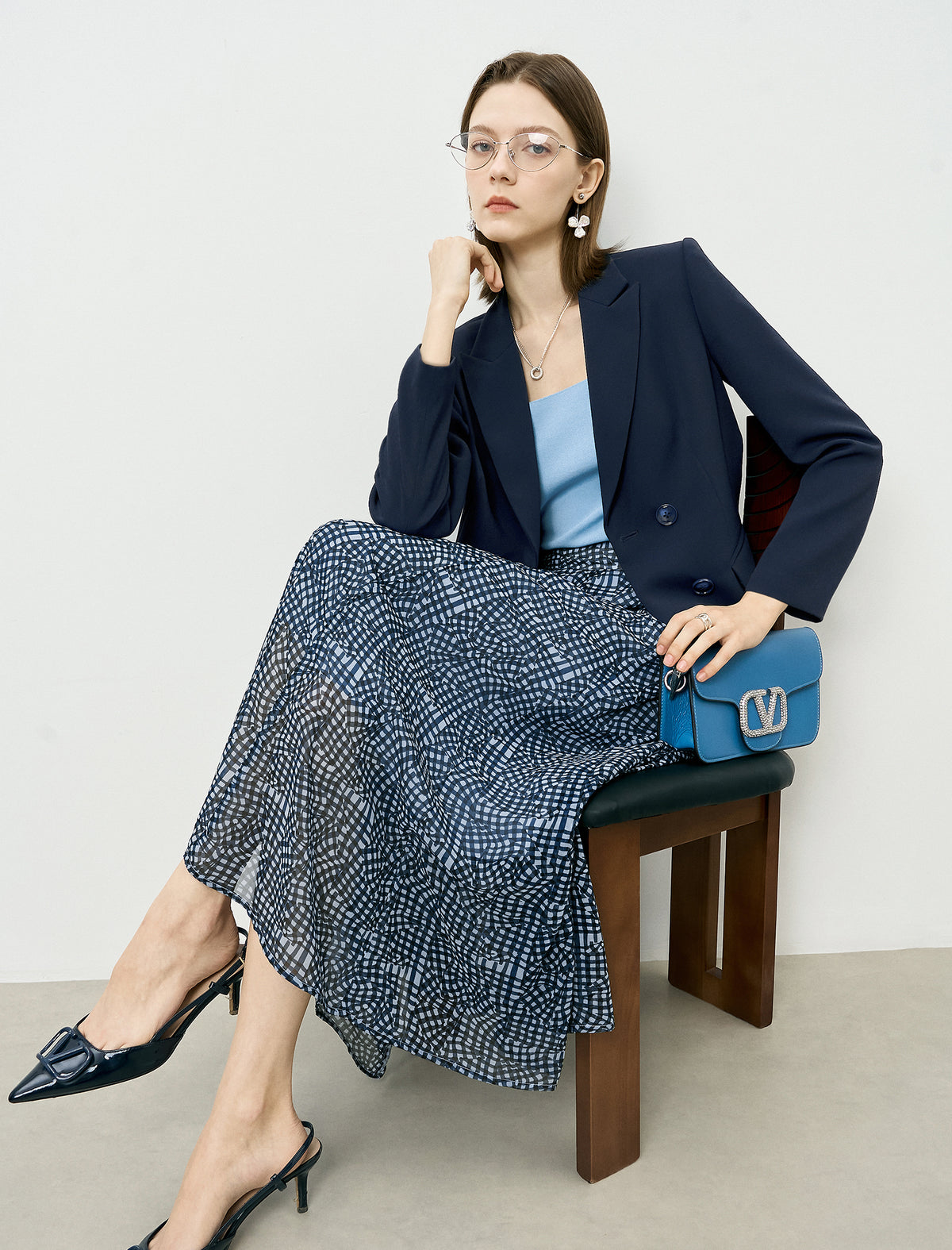 Blue Checkered Chiffon Midi Skirt