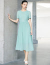 Mint Green Lace Detail Pleated Puff Sleeve Midi Dress