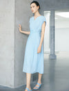 Light Blue Notched Neck Lace Waist Cap Sleeve Midi Dress