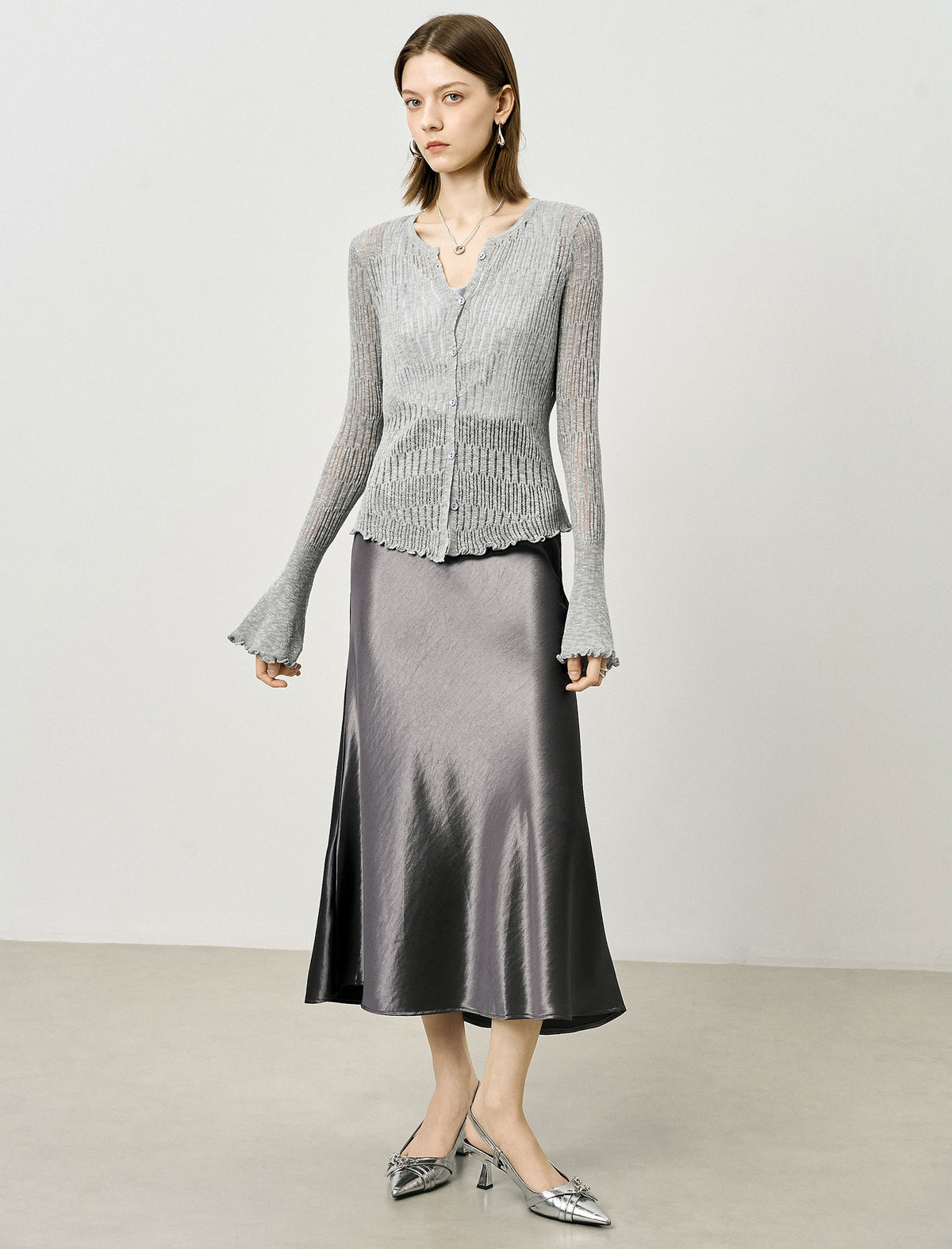 Sheer Knit Flared Sleeve Cardigan