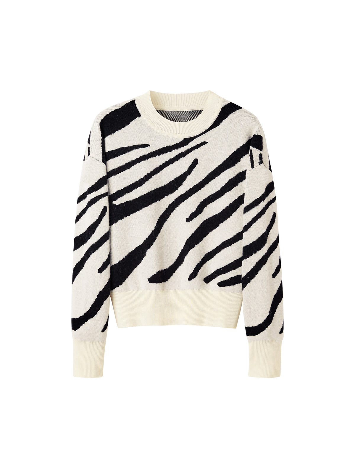 Zebra Jacquard Crewneck Drop-Shoulder Relaxed Sweater
