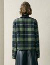 Green Plaid Wool-Blend Leather Trim Jacket
