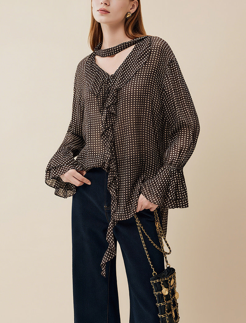 Brown Grid Print Sheer Blouse