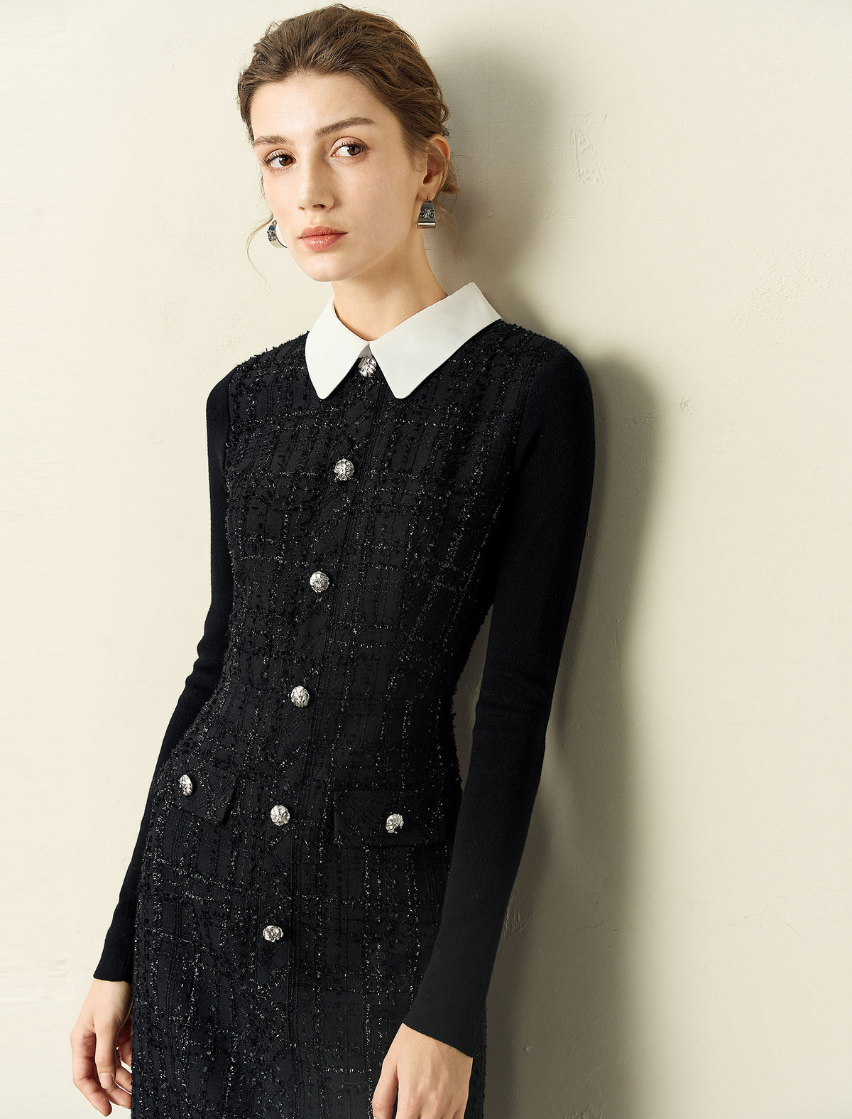 Doll Collar Waist-Defining Long-Sleeve Short Dress