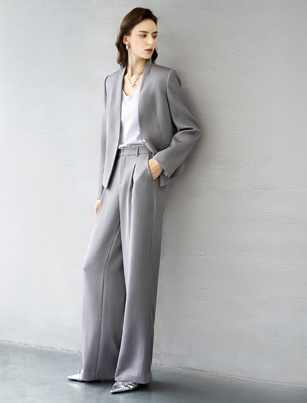 Grey Cropped Collarless Blazer