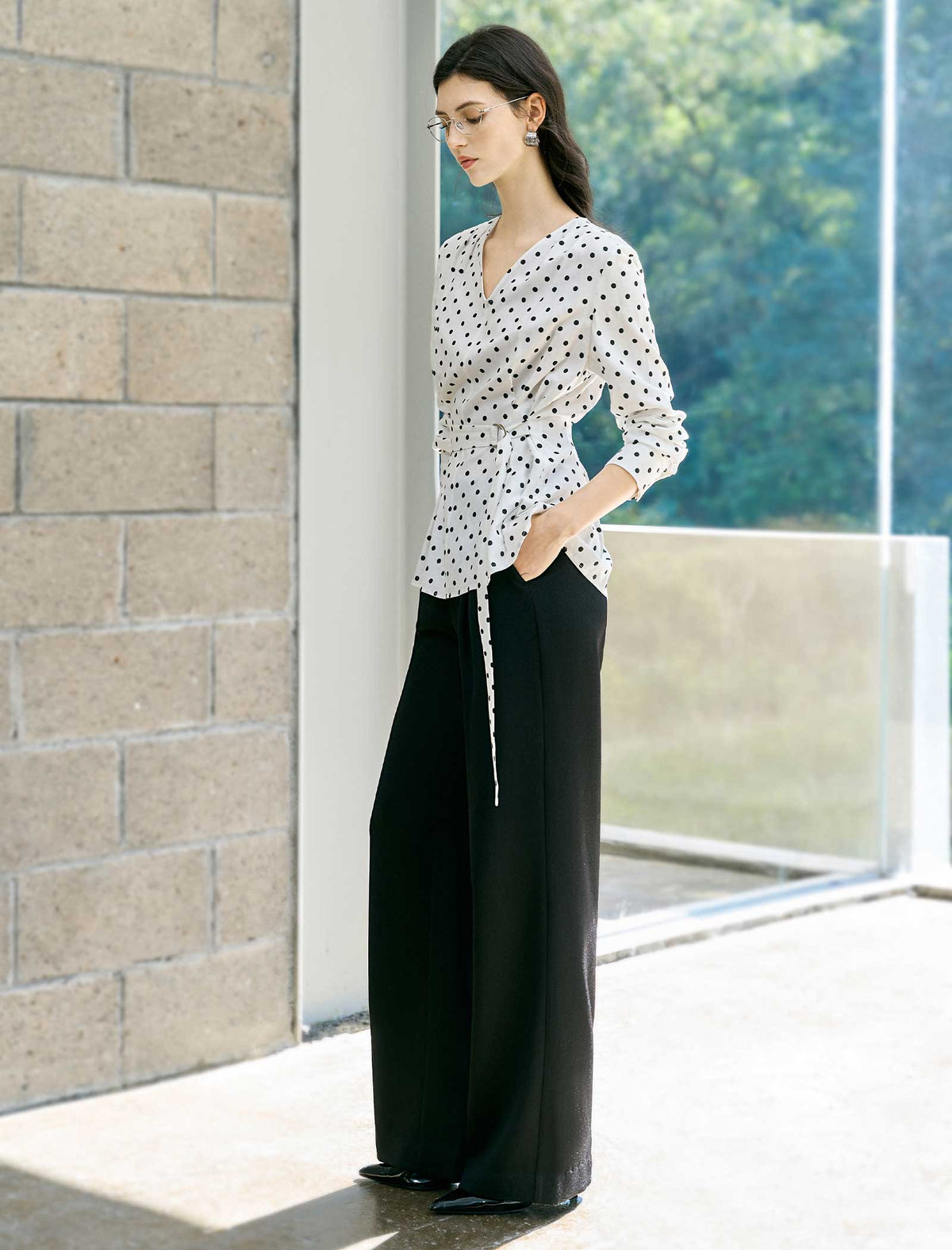 Polka Dot Tencel Linen Belted Blouse