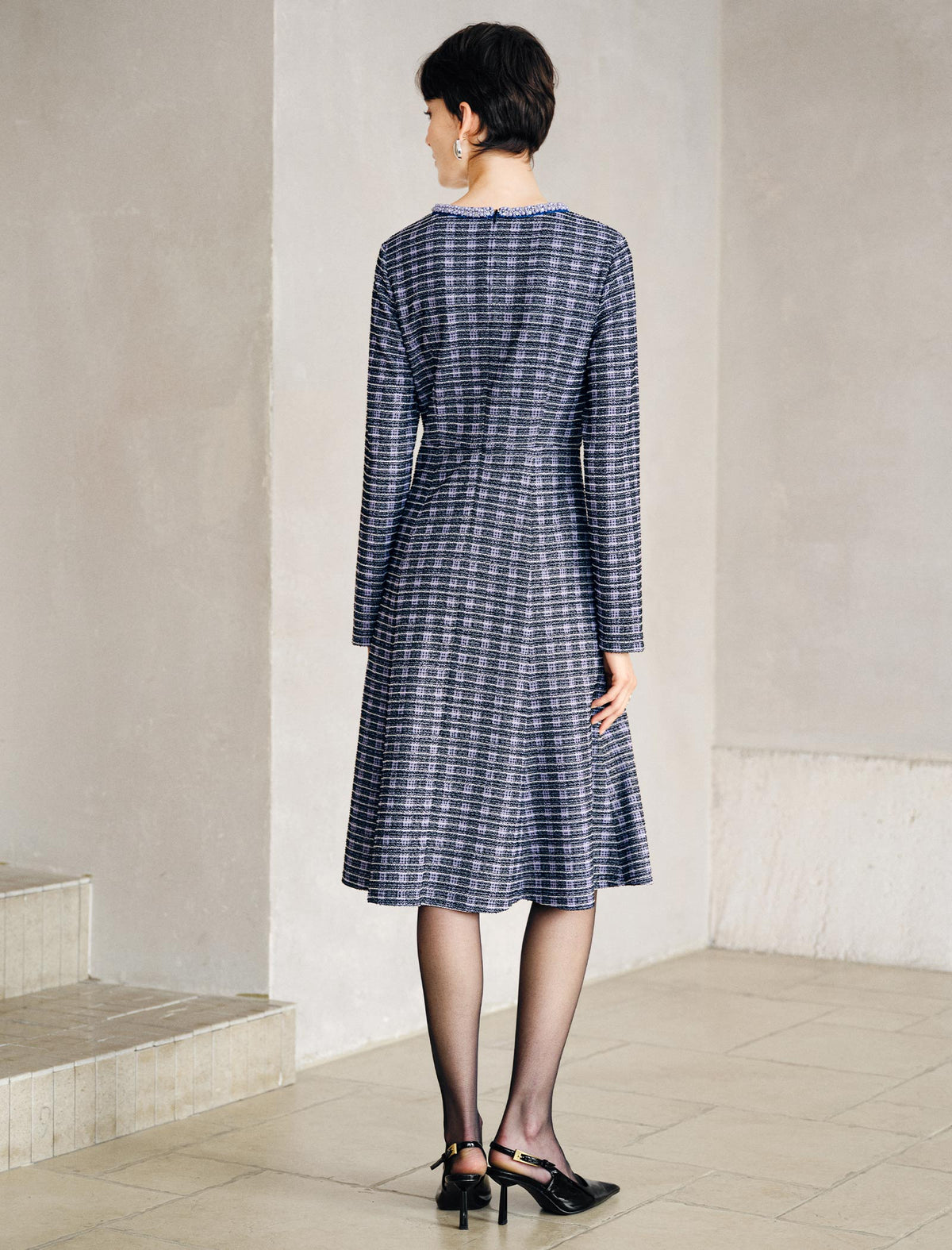 Beaded Crewneck Purple Check Fit Flare Dress